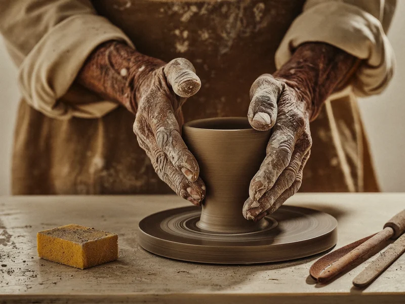Mani di un uomo anziano che modellano una ciotola di argilla al tornio