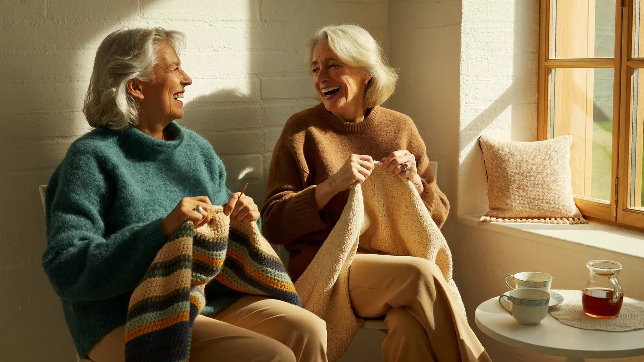 Due amiche anziane sorridono davanti a una coperta all'uncinetto a metà